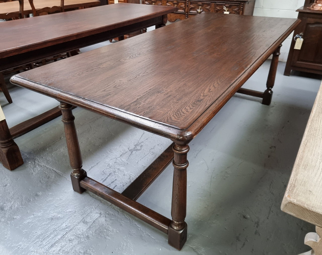 French Dark Oak Farmhouse Style Stretcher Base Dining Table