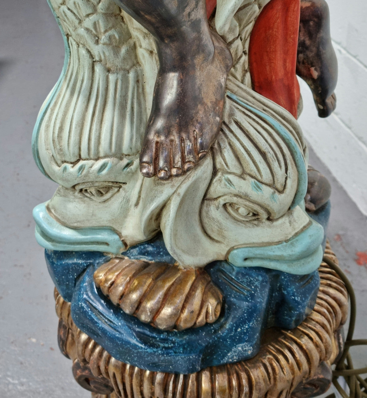 19th Century Italian Wooden Blackamoor lamp sourced in France. Made from carved wood painted & gilded. Amazing detail of a man playing a horn that then turns into a chandelier while riding a mythological sea serpent It has been fully rewired to Australian standards.