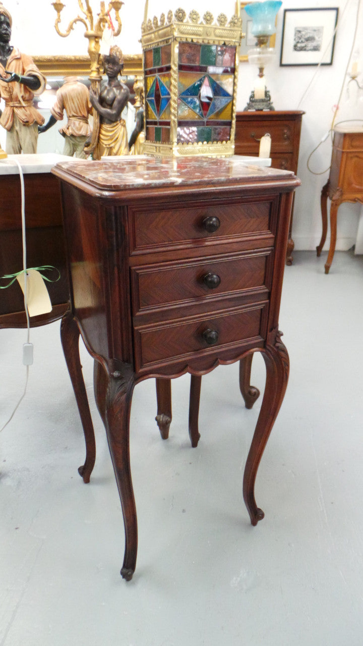 French Rosewood Inset Marble Top Single Bedside Cabinet