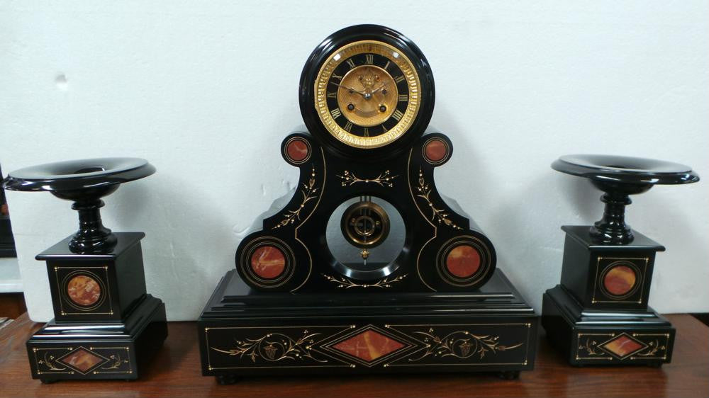 French Black Marble Three Piece Clock Set