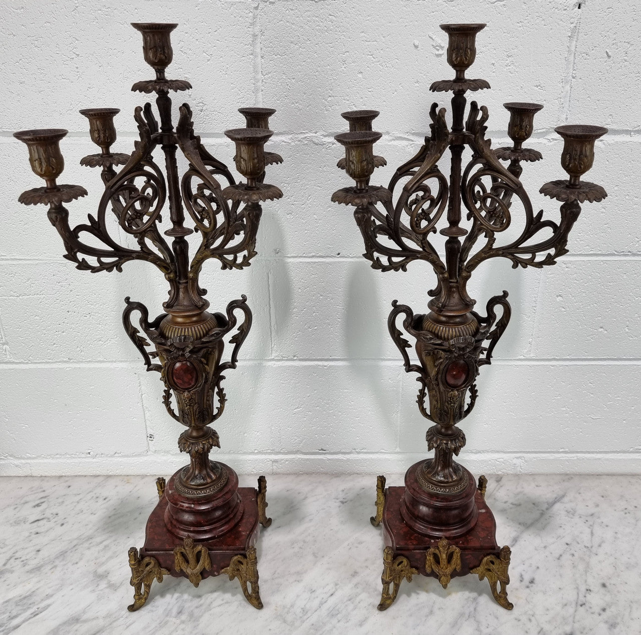 Pair of decorative Antique French spelter and marble candelabras. in very good original detailed condition.