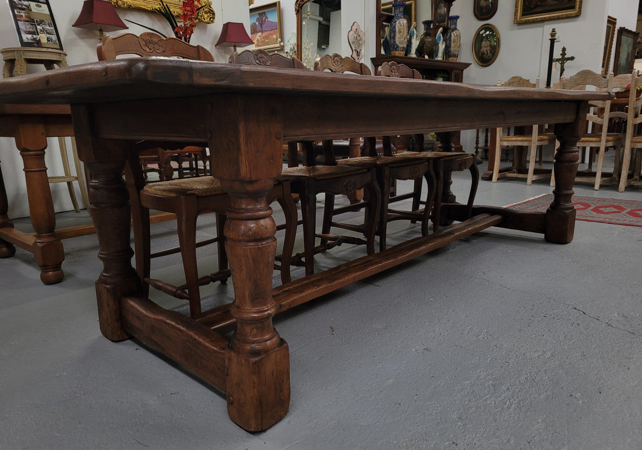 Amazing 2.65 meter French Elm Refectory dining table with loads of rustic charm. This table has been sourced from France and can comfortably seat ten people. It is in good original detailed condition.