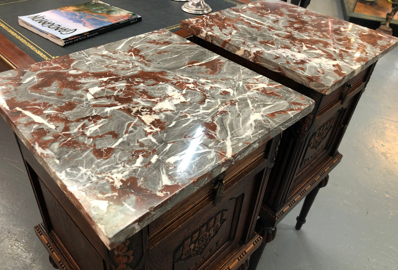 Pair Of French Oak Marble Top Henry II Style Bedside Tables
