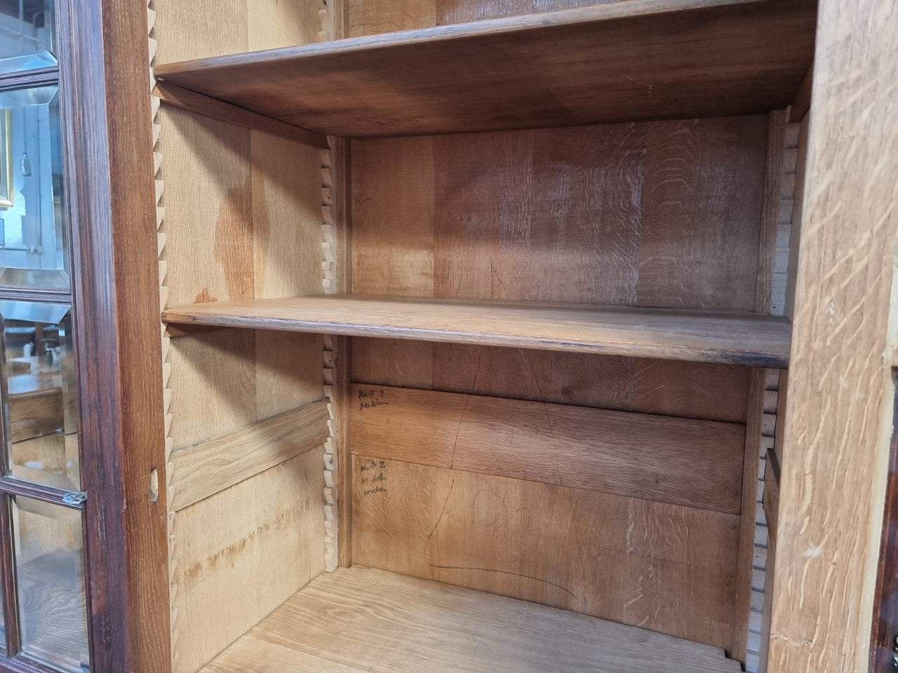 Late 19th Century French Oak three door bookcase. It has fully adjustable shelfs and is in good original detailed condition.