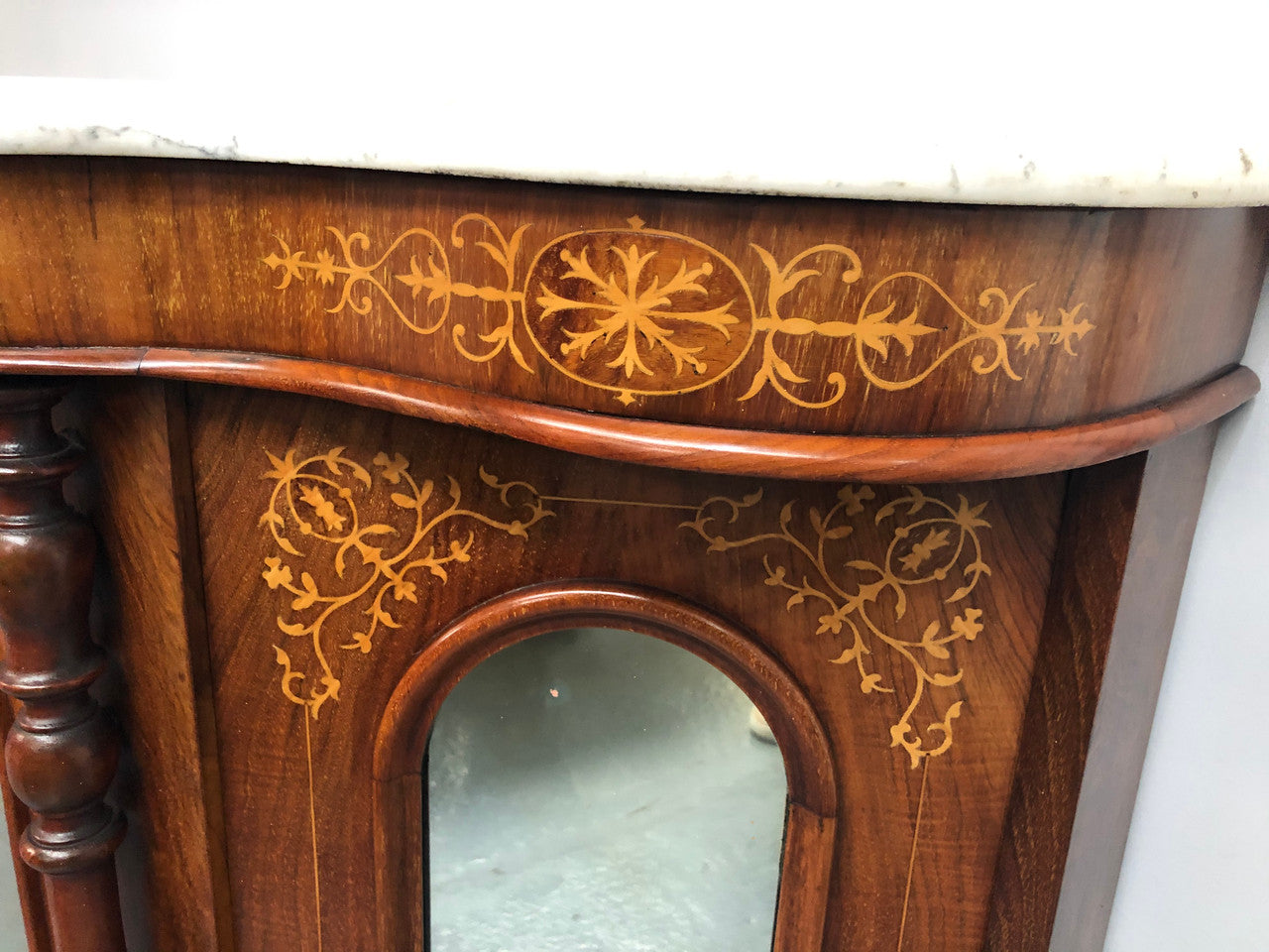 Petite Victorian Marble Top Sideboard-Credenza With Beautiful Marquetry Inlay