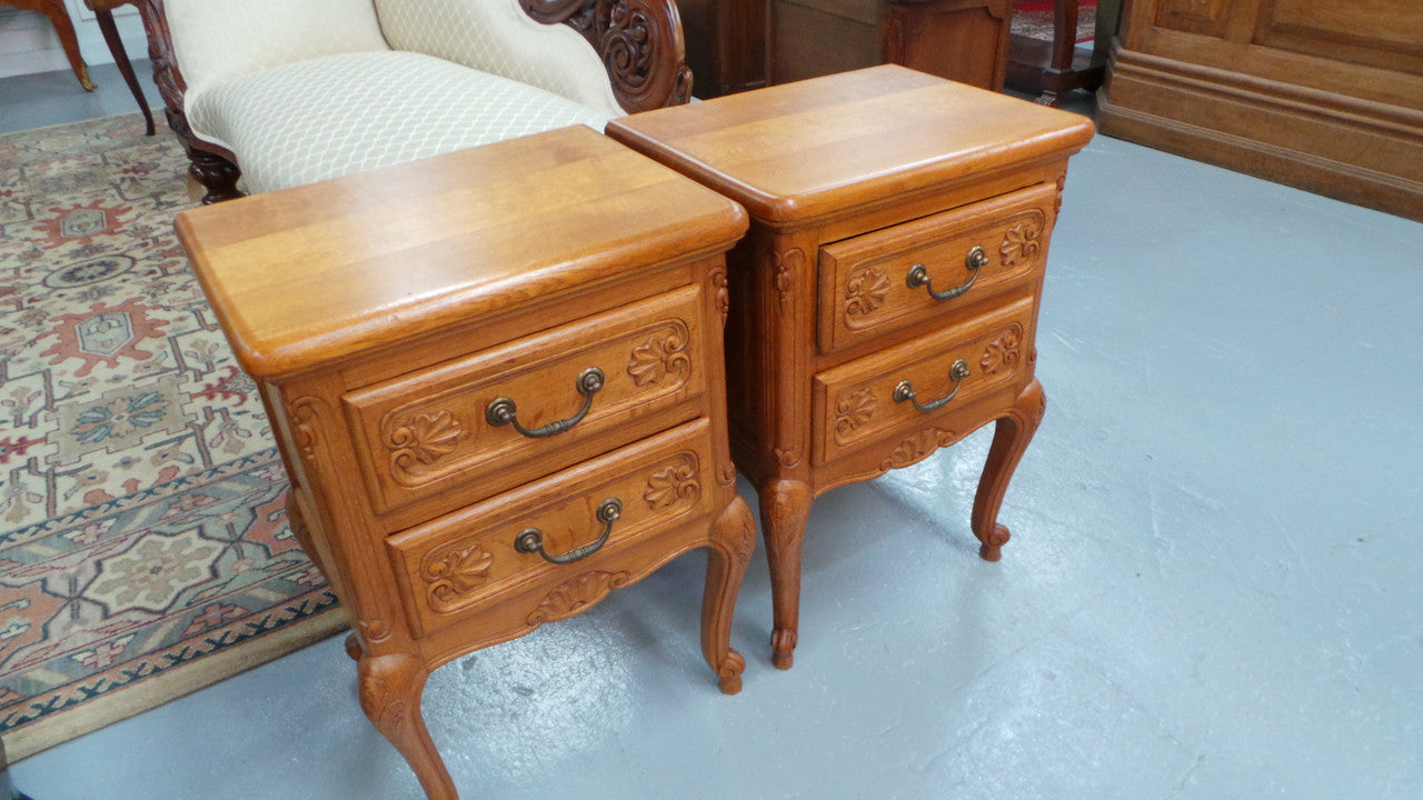Beautiful Pair of Louis XV Style Light Oak Bedside