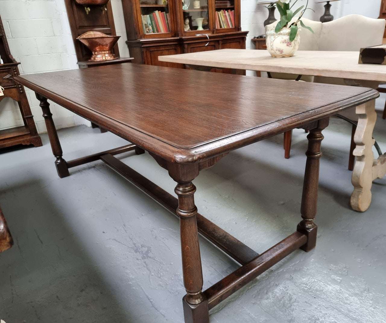 French Dark Oak Farmhouse Style Stretcher Base Dining Table