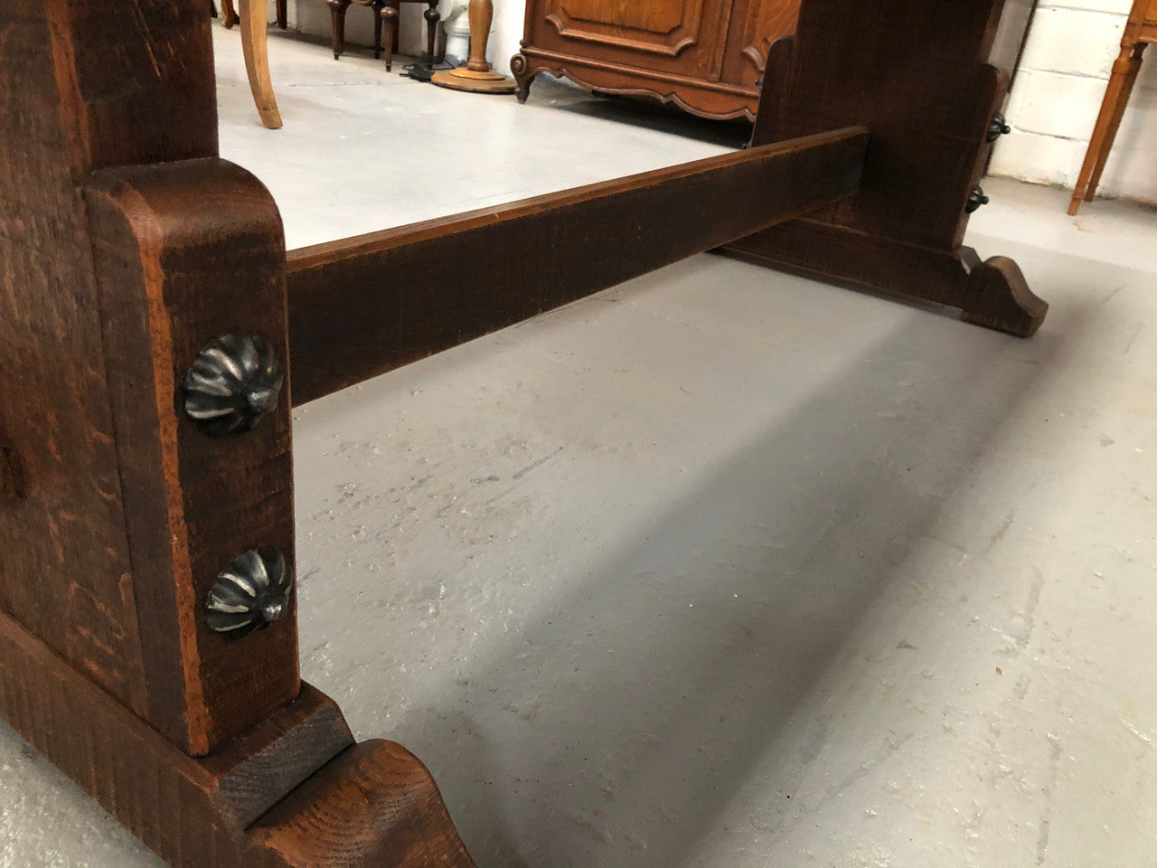 French Oak stretcher base Farmhouse dining table. In good original detailed condition.