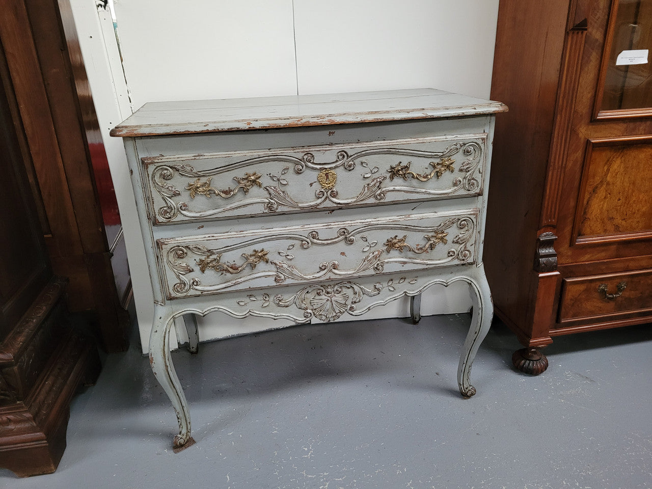 Antique, early 19th Century, Provincial two drawer oak commode, painted Blue. Circa: Early 19th Century.