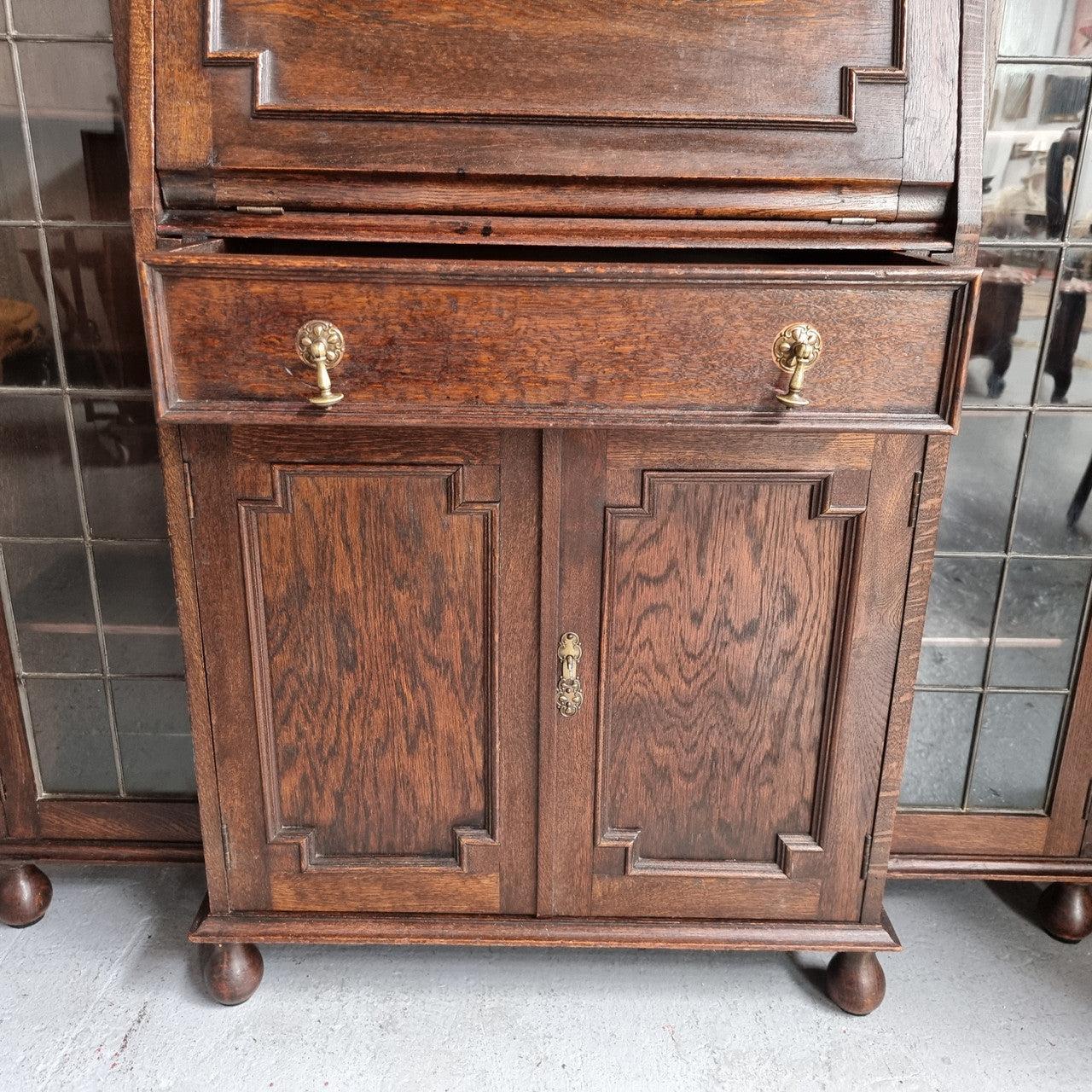 Oak Tudor Style Secretaire Bookcase With Leadlight Doors
