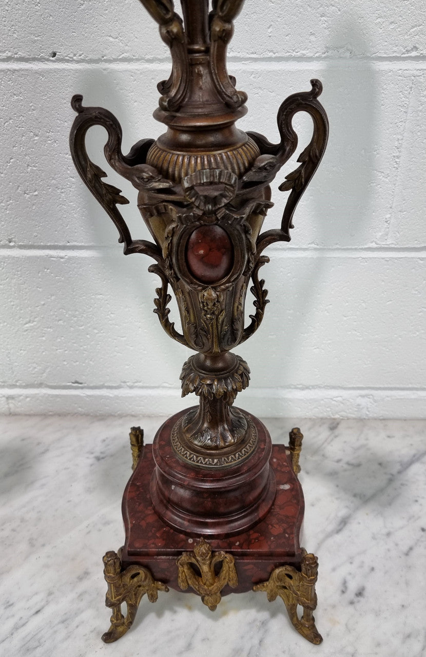 Pair of decorative Antique French spelter and marble candelabras. in very good original detailed condition.