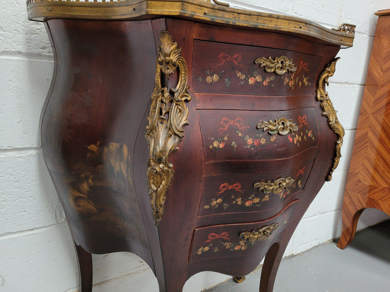 Rare French Louis XV Style Hand Painted Miniature Bombe Commode