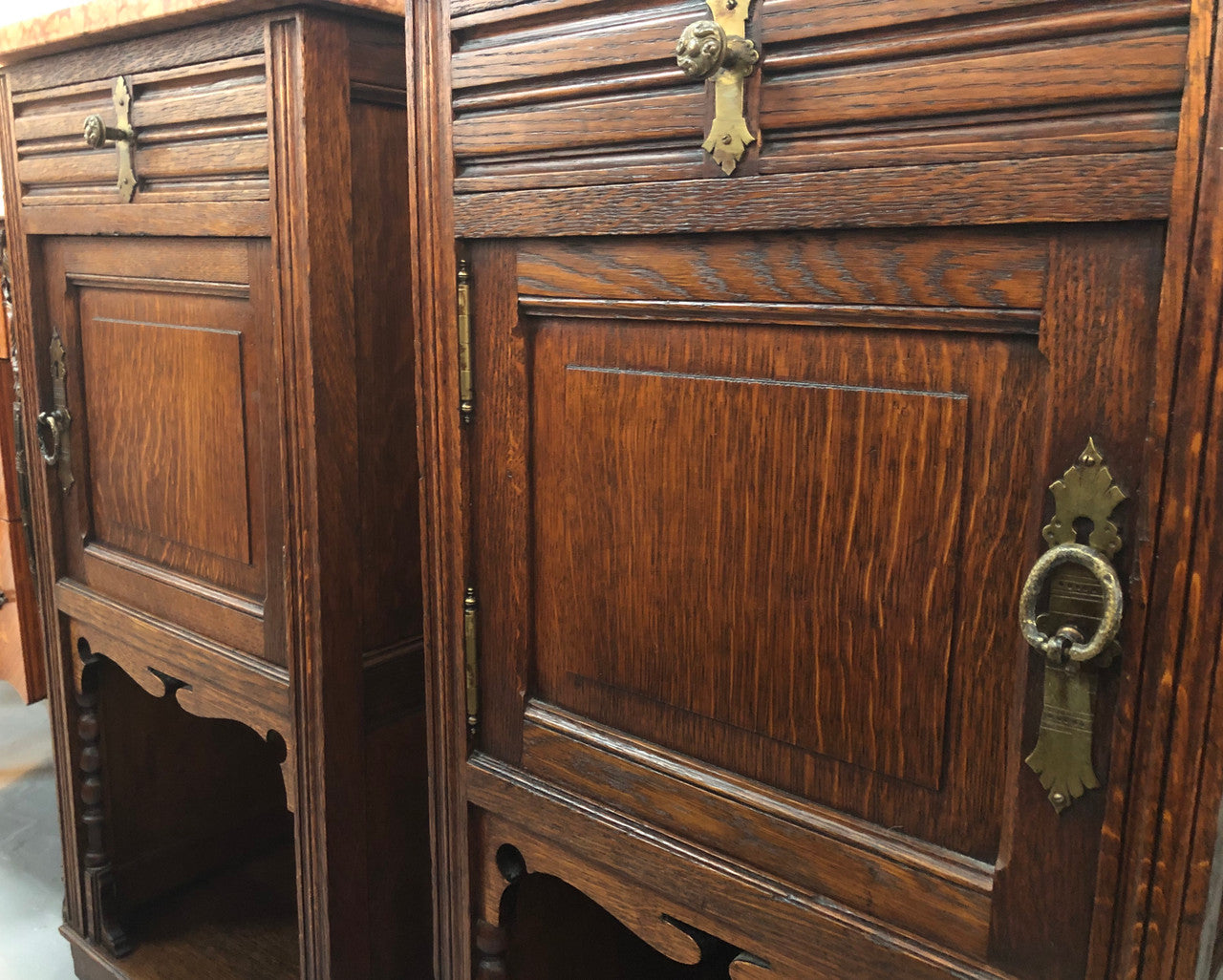 Pair Of French Marble Top Oak Bedside Cabinets