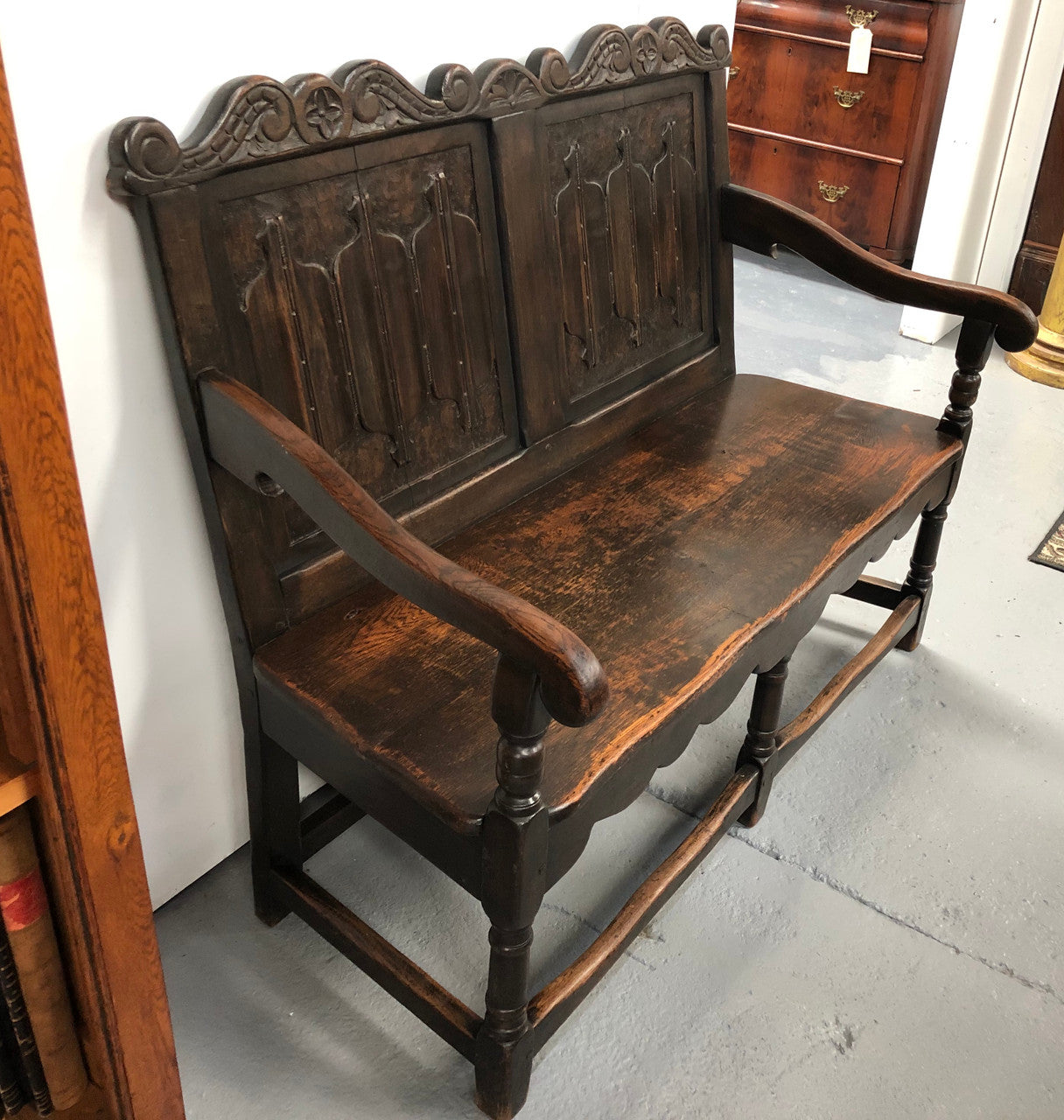 French 19th Century Oak hallway bench seat. Very comfortable to sit on and is in good original detailed condition.