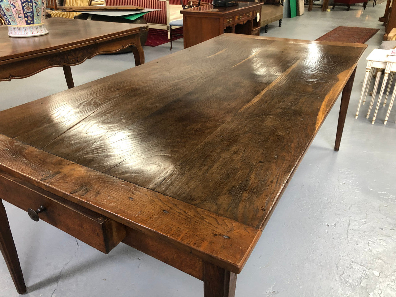 French Elm & Oak Farmhouse Table With Tapered Legs & Drawers