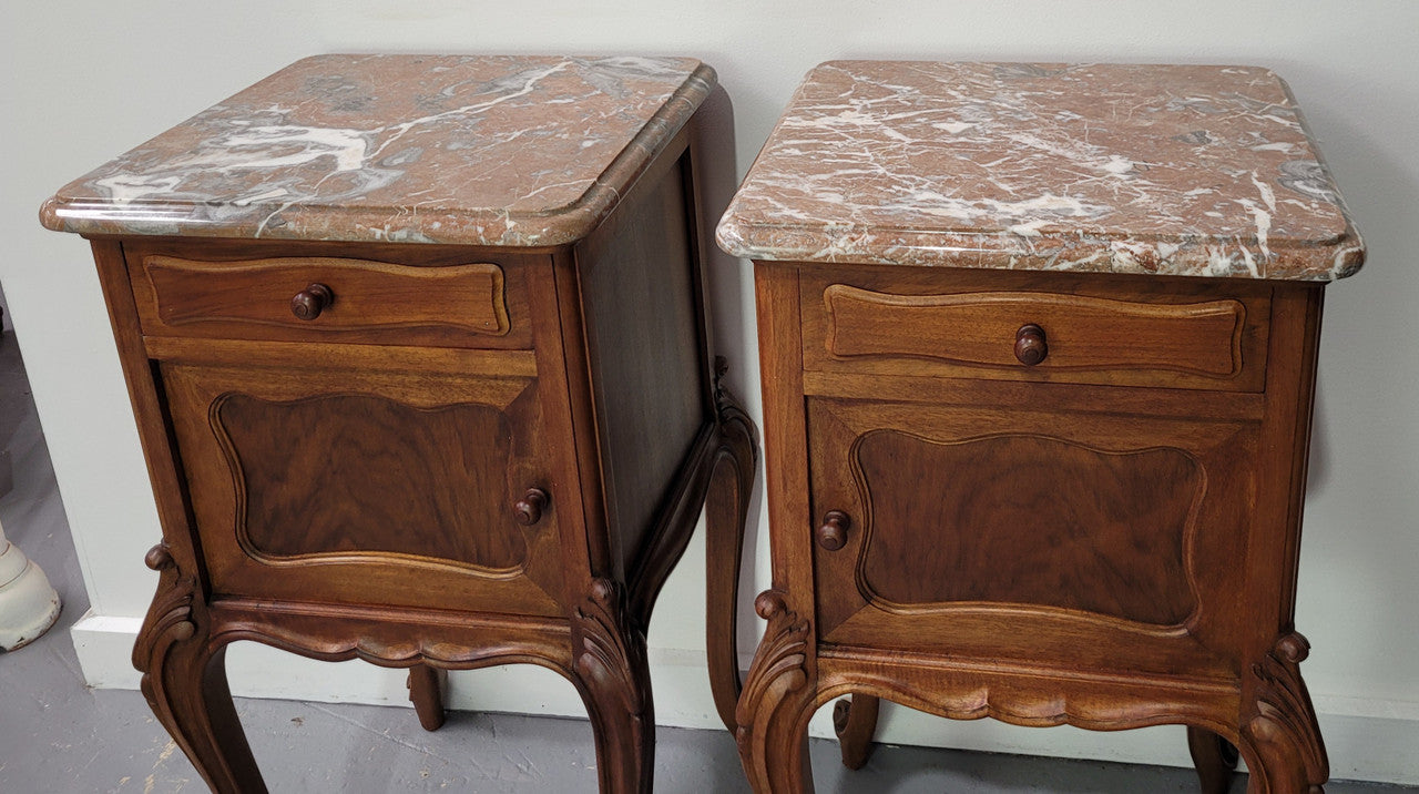 French Louis XV Style Walnut Marble Top Bedside Cabinets. In good original detailed condition.