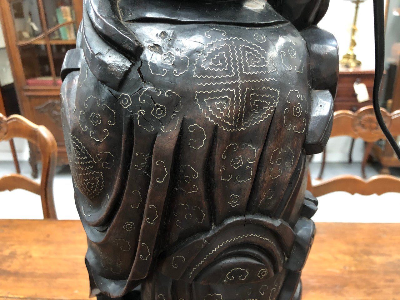 Antique Chinese hand carved Rosewood Immortal "Shou Xing" God of longevity lamp base. Profusely inlaid with brass cloisons. Meiji period Circa 1880.
