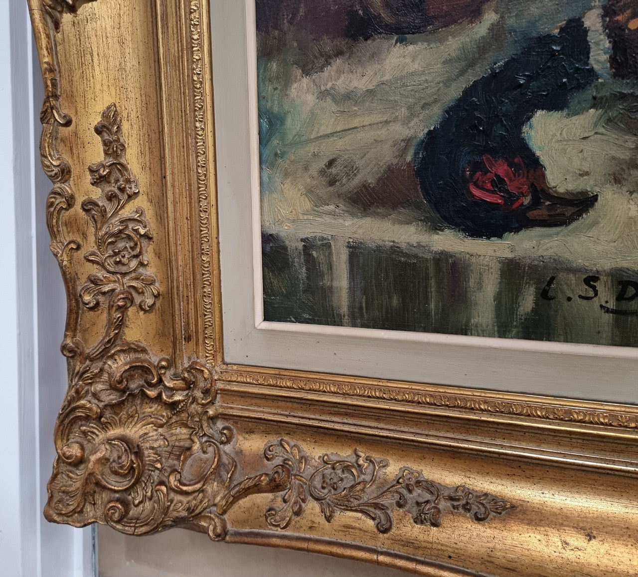 Sourced from France is this beautiful large oil on canvas of fruit flowers and a pheasant in a decorative guilt frame and signed . In good original condition.