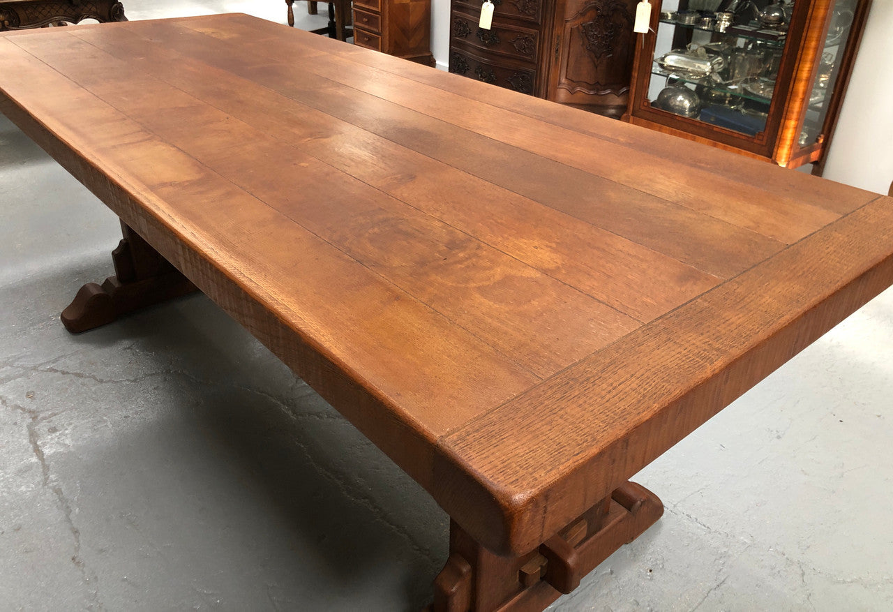 Lovely Oak French Farmhouse table with a thick plank top and lovely stretcher base. Can comfortable seat 8-10 people and is in good original detailed condition.