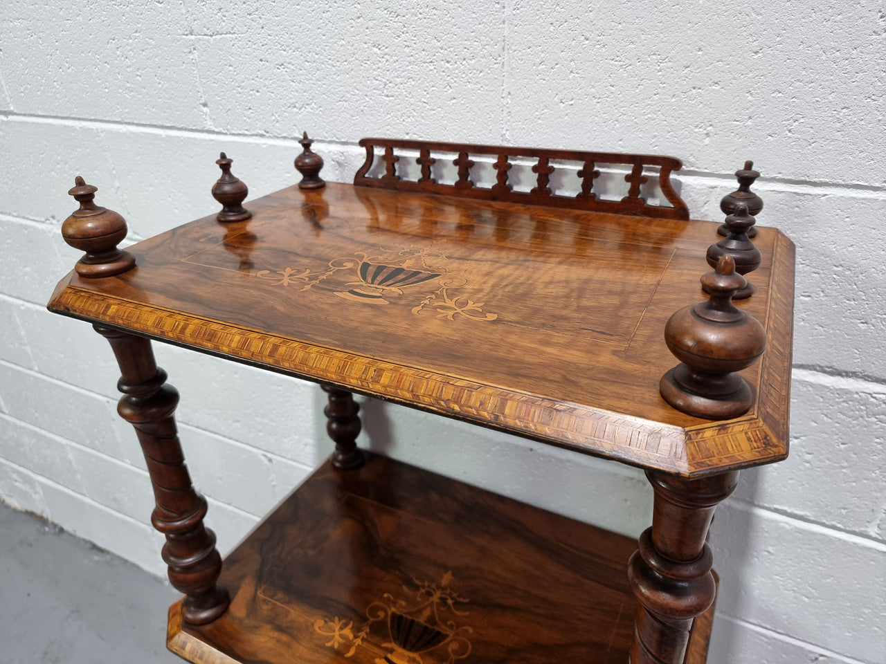 Victorian beautifully inlaid Walnut three shelf What-not. In good original detailed condition.