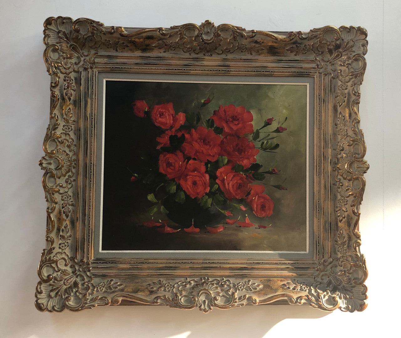 Lovely French oil on canvas of red roses in a beautiful ornate frame. In good original detailed condition.