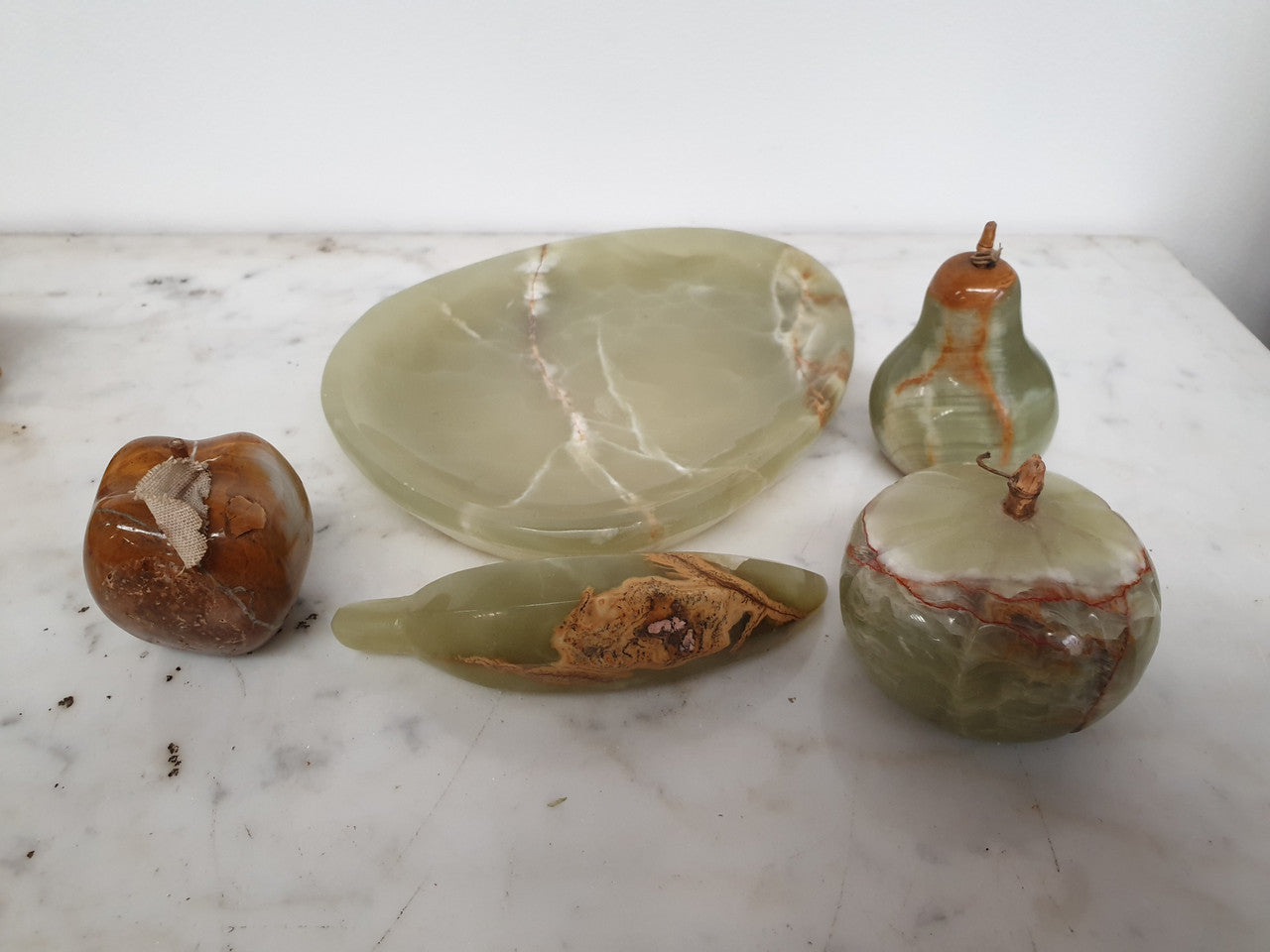 Unusual Alabaster Set Of Four Fruit On Plate