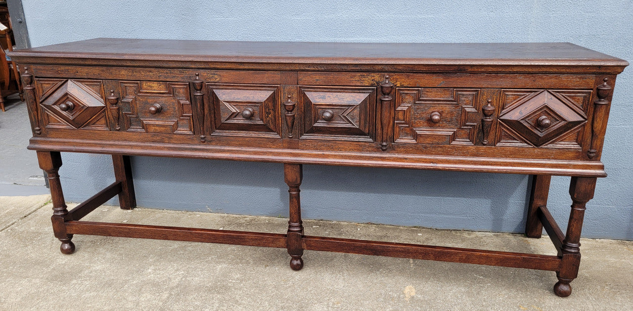 19th Century French Oak Henry the 2nd style console/side table/ TV unit with two drawer with beautiful carvings. It is in good original detailed condition.
