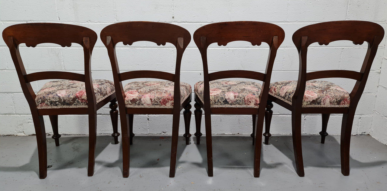 Set of Four Victorian upholstered cedar balloon back chairs. In good original detailewd condition, fabric is also in good used condition.