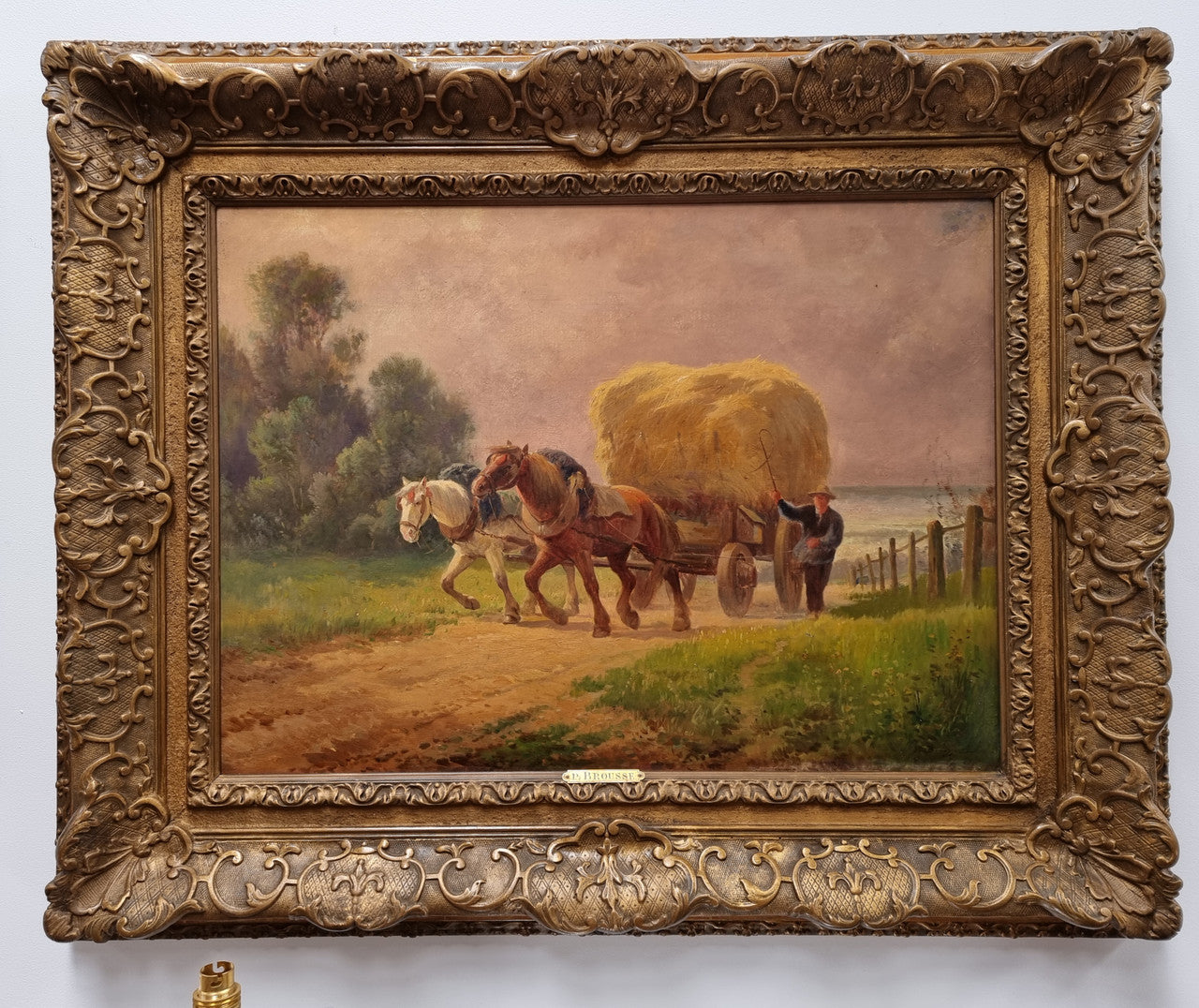 Amazing French impressionist oil on canvas of draft horses which is signed and in a lovely ornate frame. In very good original condition.