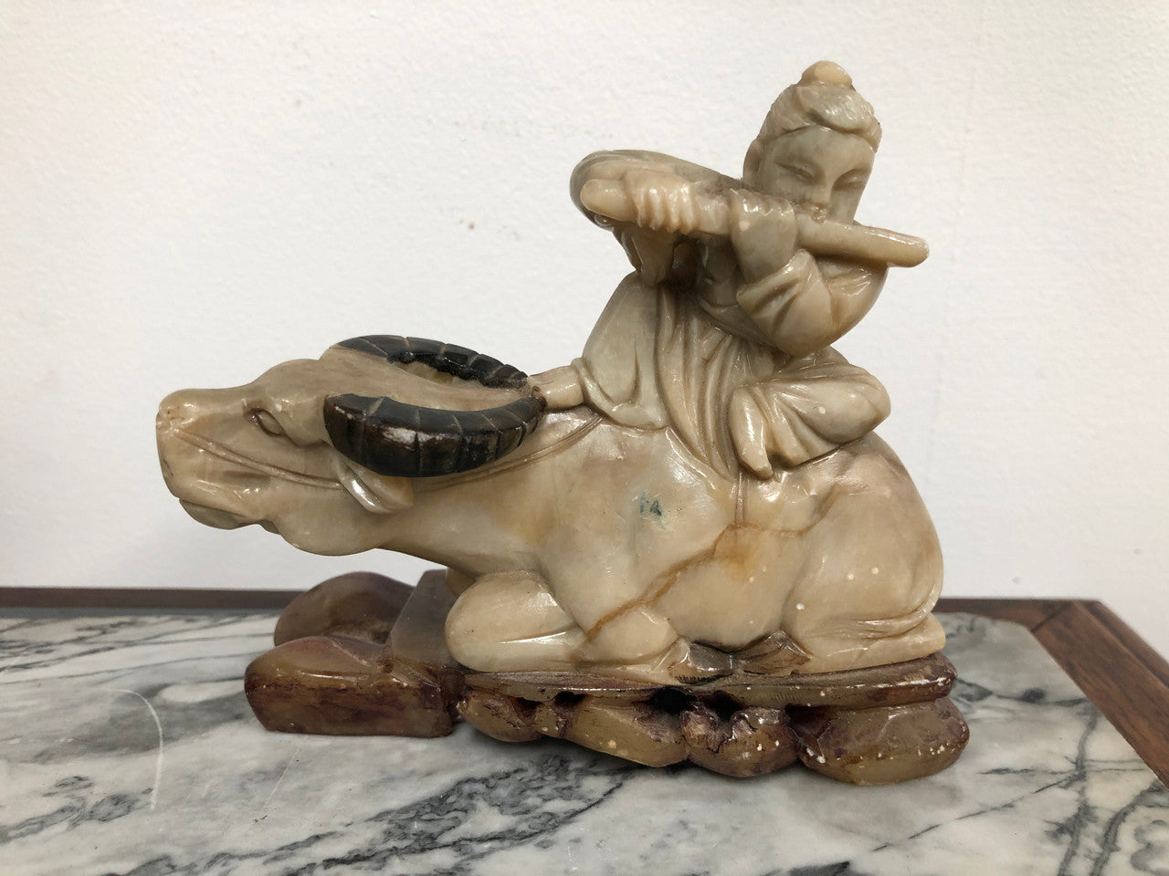 Antique Chinese Carved Soapstone Buffalo and man playing flute