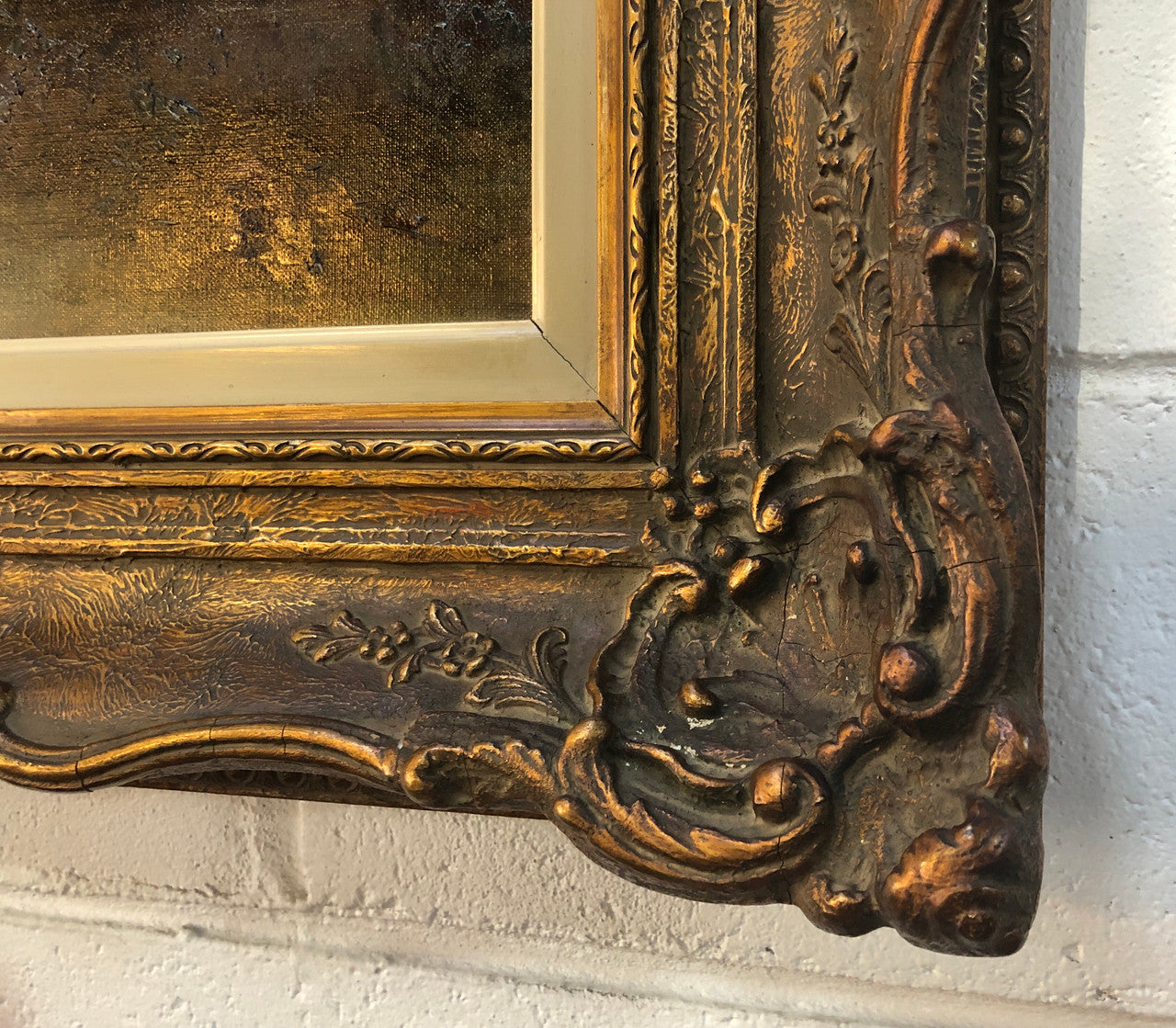 Sensational "Moody" oil on canvas landscape painting in a ornate gilt frame. In good original condition.