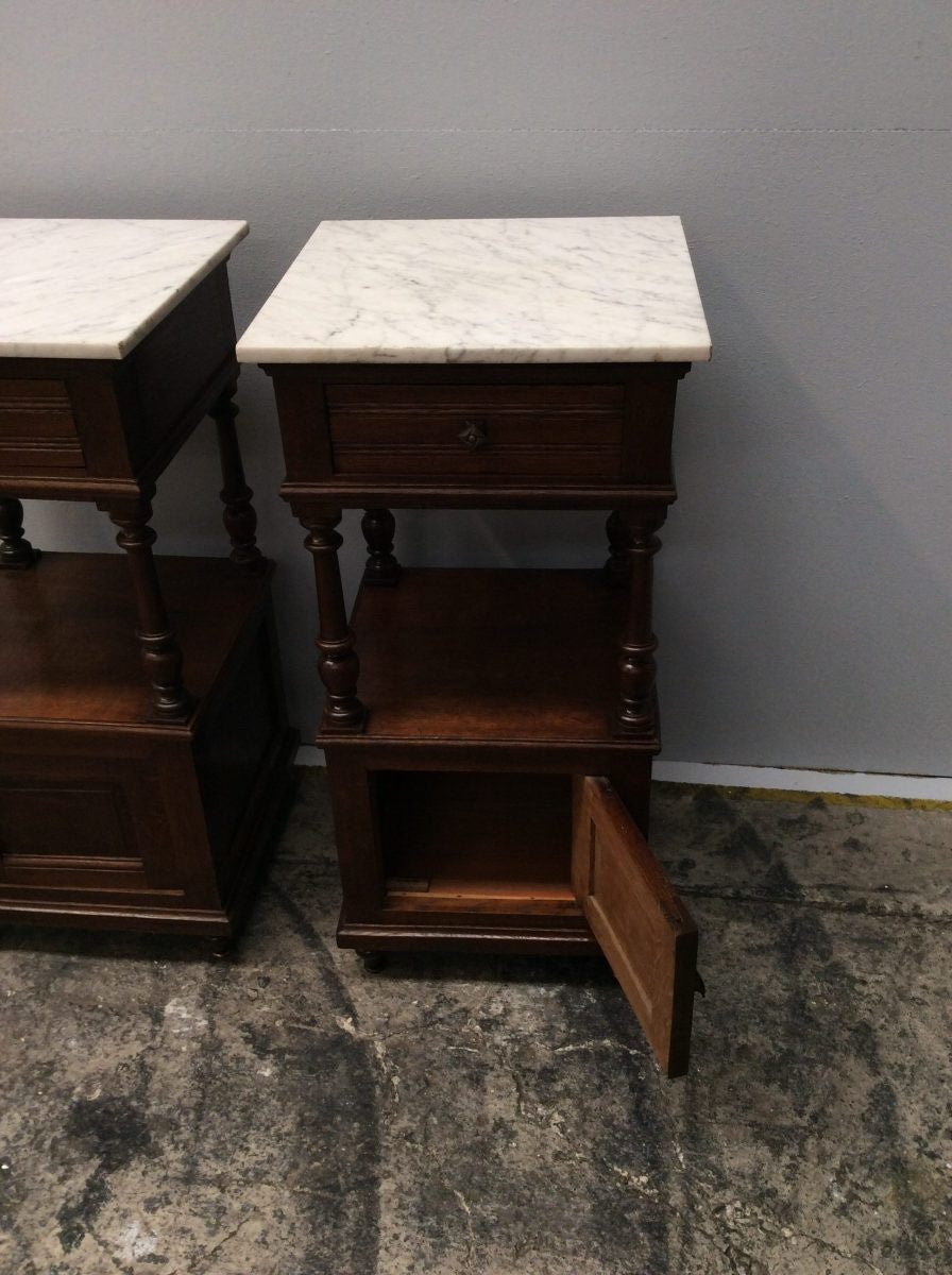 French Oak White Marble Top Bedside Cabinets