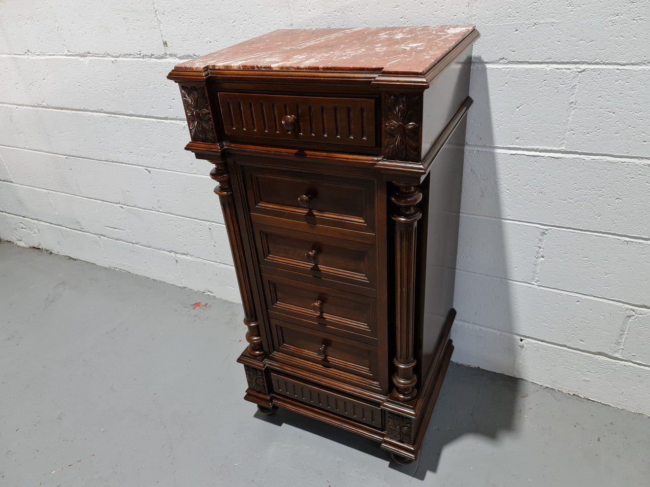 French Walnut Henry 2nd style three drawer one cupboard single side cabinet with rouge marble top. Circa: 1890. In Good original detailed condition.