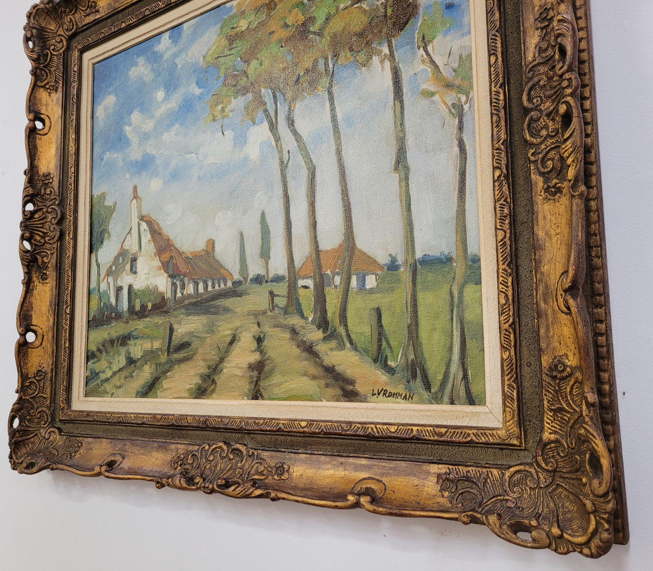 Impressionist style oil painting on canvas and on board of a farm scene. In an ornate gilt frame and in good original detailed condition.
