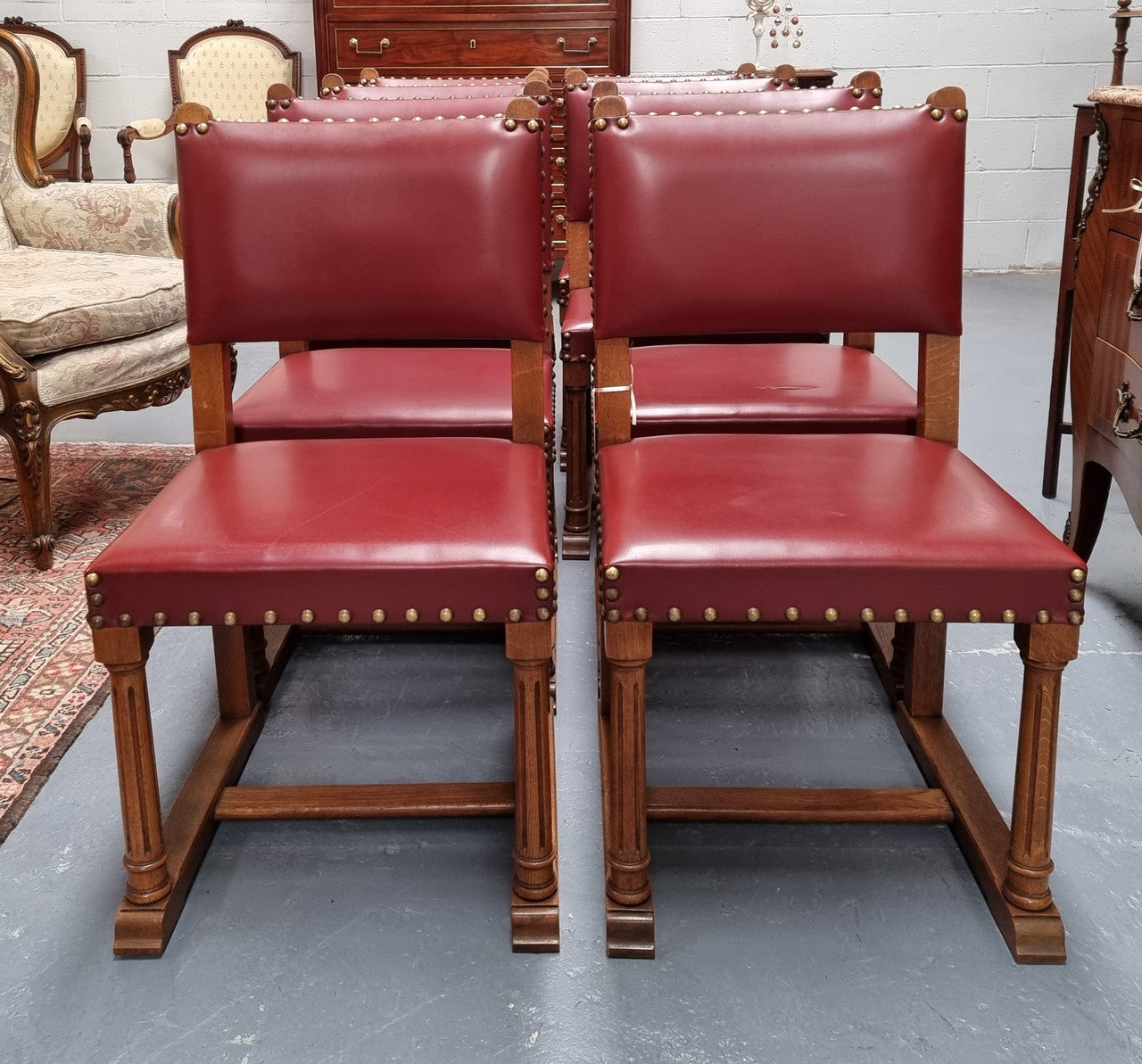 Set Of Eight Oak Upholstered With Faux Leather Dinning Chairs
