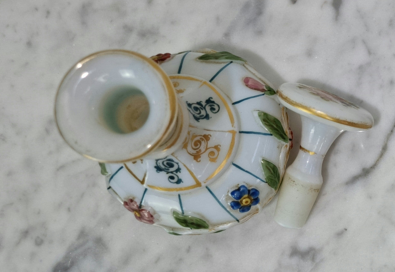19th century French hand painted and gilded opaline glass scent/perfume bottle. It has marks to the base. In good original condition please view photos as they help form part of the description.