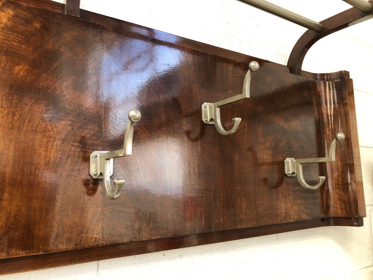 French Art Deco Walnut Coat & Hat Rack With Mirror