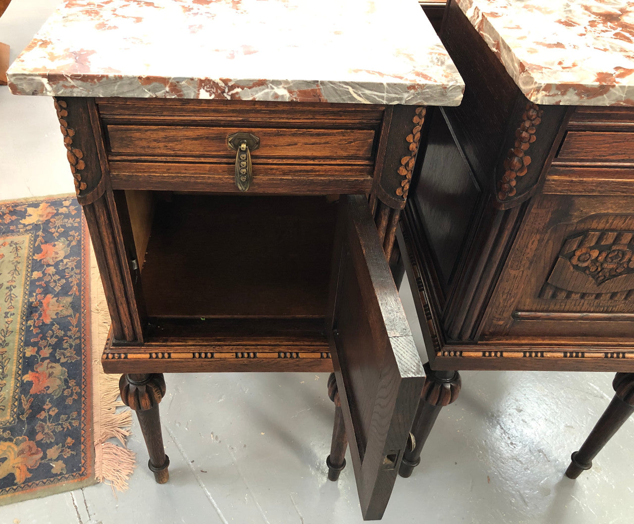 Pair Of French Oak Marble Top Henry II Style Bedside Tables