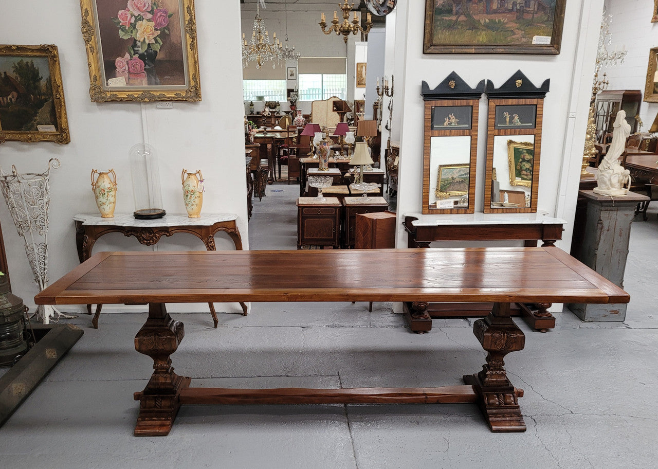 French style reclaimed Elm Farmhouse table with stretcher base and amazing carving underneath. Table can sit 10-12 people and is in good original detailed condition.
