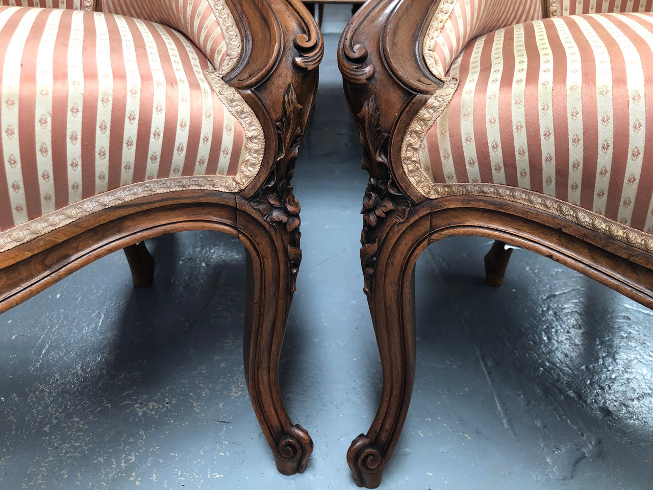High Quality Antique Pair Of French Walnut Upholstered Arm Chairs