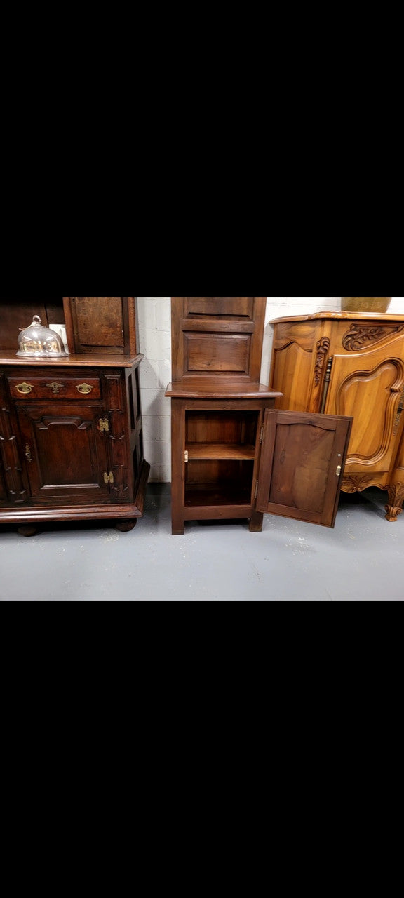 Lovely entrance piece with shelf and single door cupboard, topped with a section for hanging jackets, hats etc. Sourced from France and in good original detailed condition.