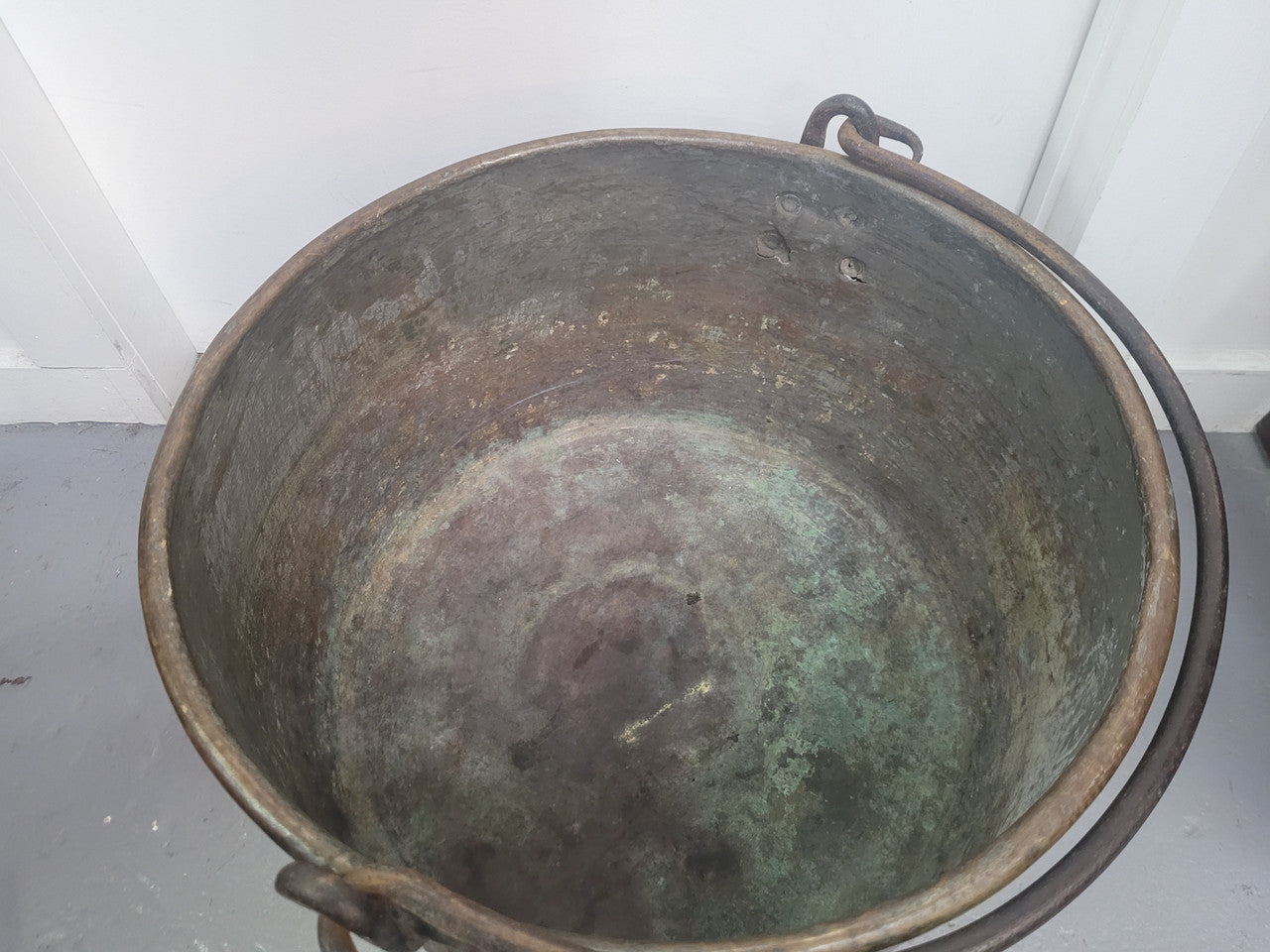 Large French brass cauldron with lid and handle. It is in original condition with some signs of wear please view photos.