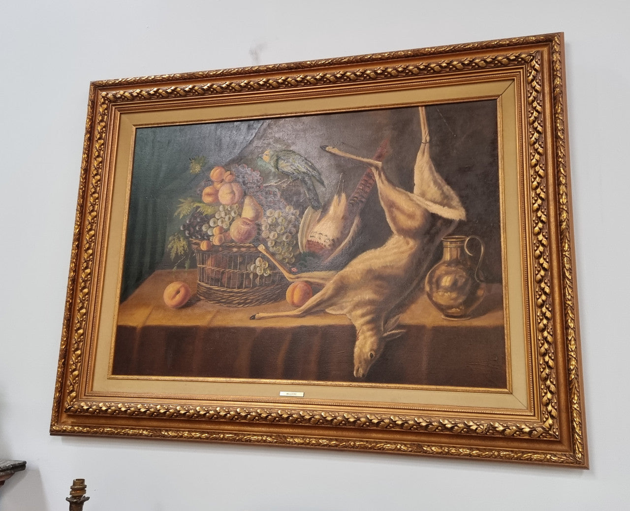 Sourced in France is the beautiful still life oil painting on canvas, of a bird, rabbit and deer. Framed in a beautiful ornate gilt frame and in good original condition.