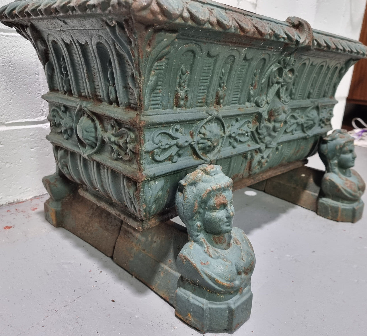 Rare French 19th Century cast iron green painted planter on stand. In good original condition.