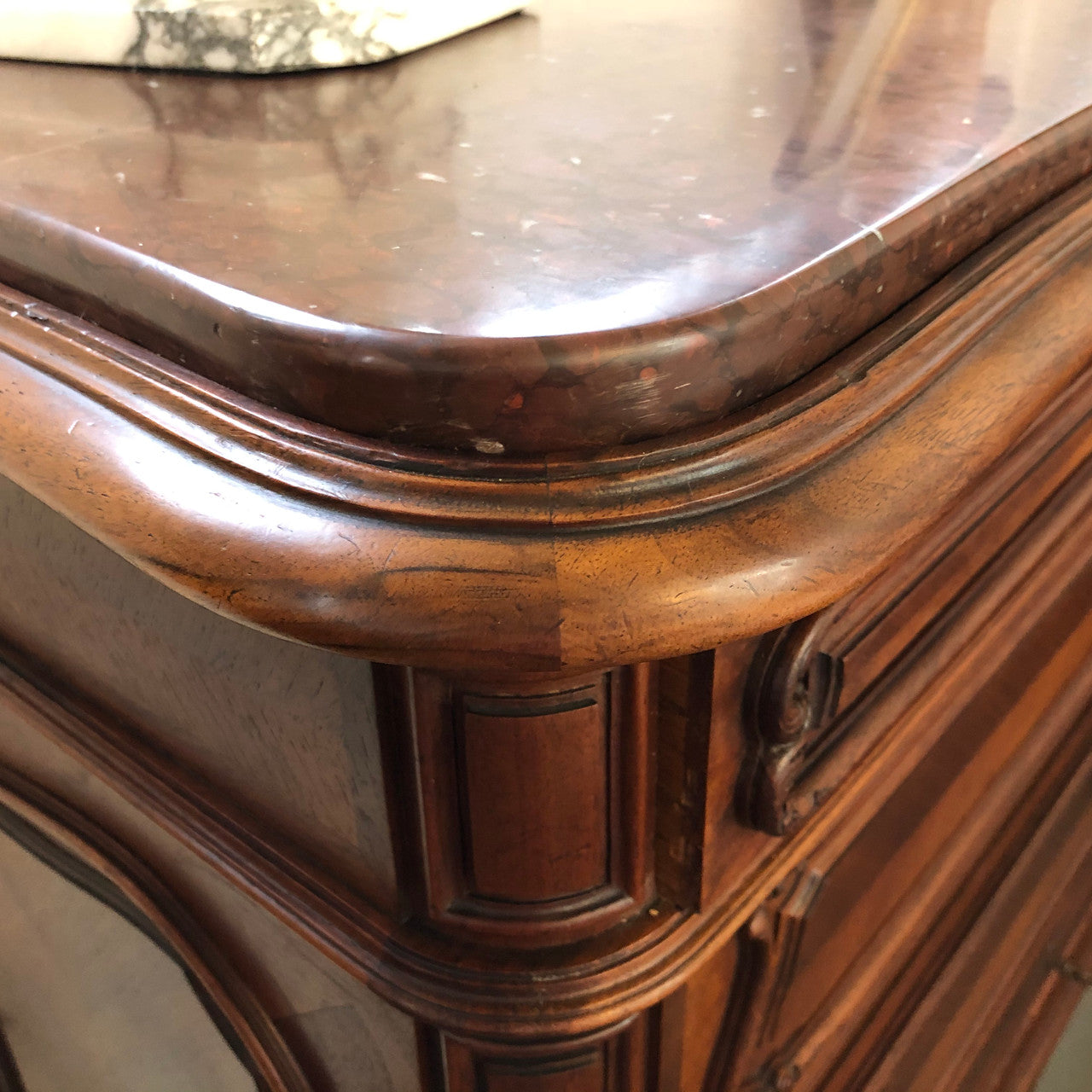 19th Century French Walnut five-drawer marble top commode. In good original detailed condition.
