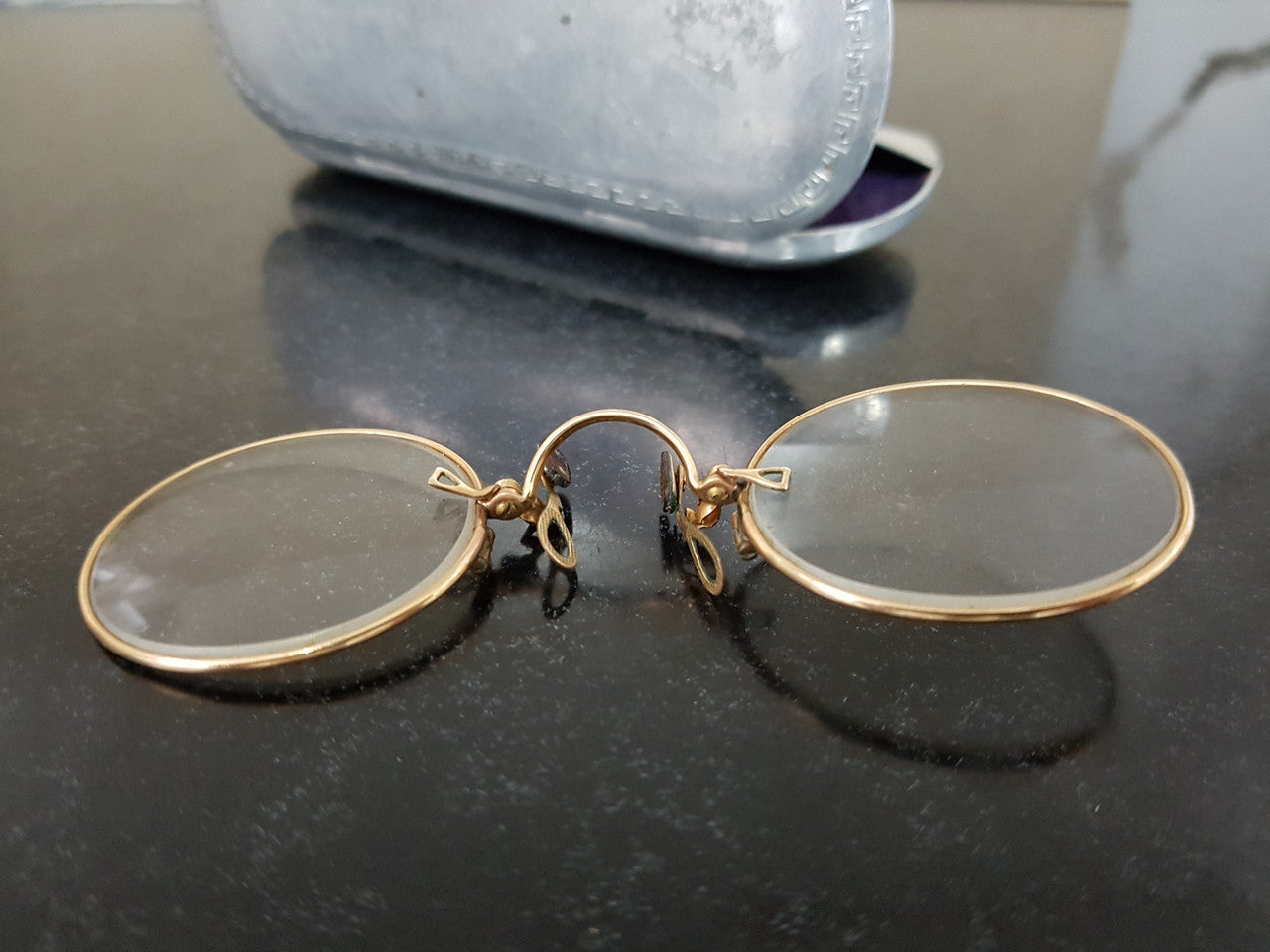 Antique Gold Plated Pince-Nez Reading Glasses In Original Case