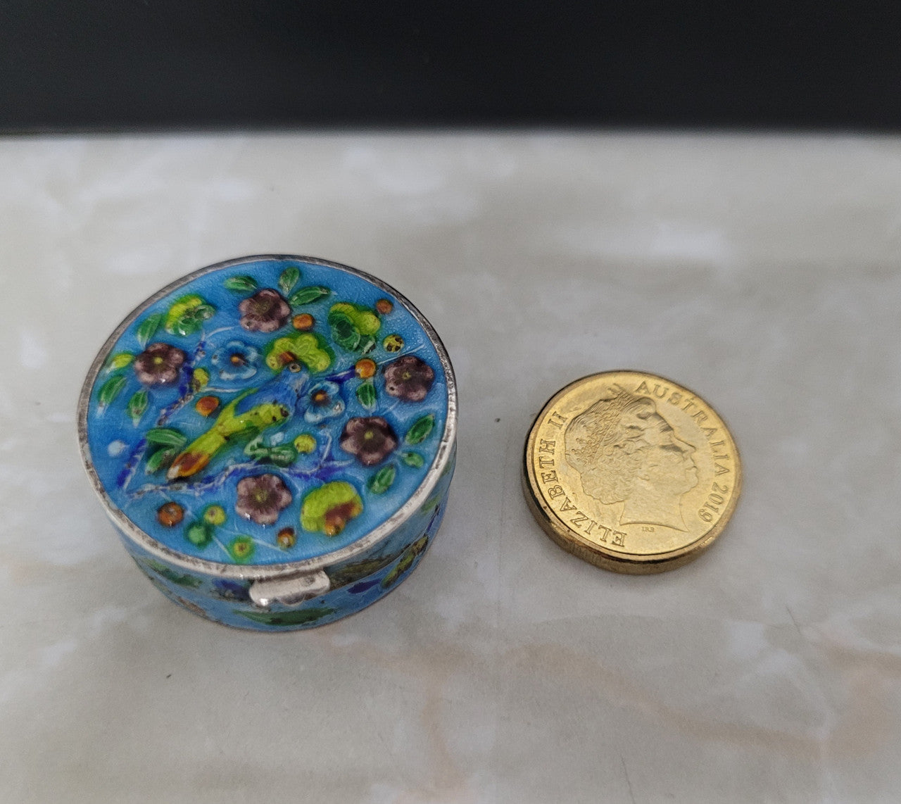 Antique Chinese silver and enamel pill box . In good original condition, please view photos as they help form part of the description.