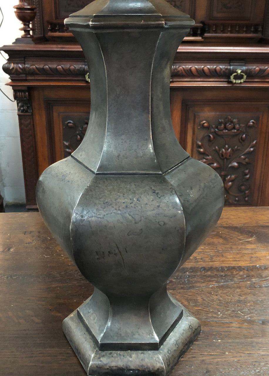 Beautiful pair of 19th Century pewter covered Bronze table lamps with light grey shades .They have been rewired and in good working order.