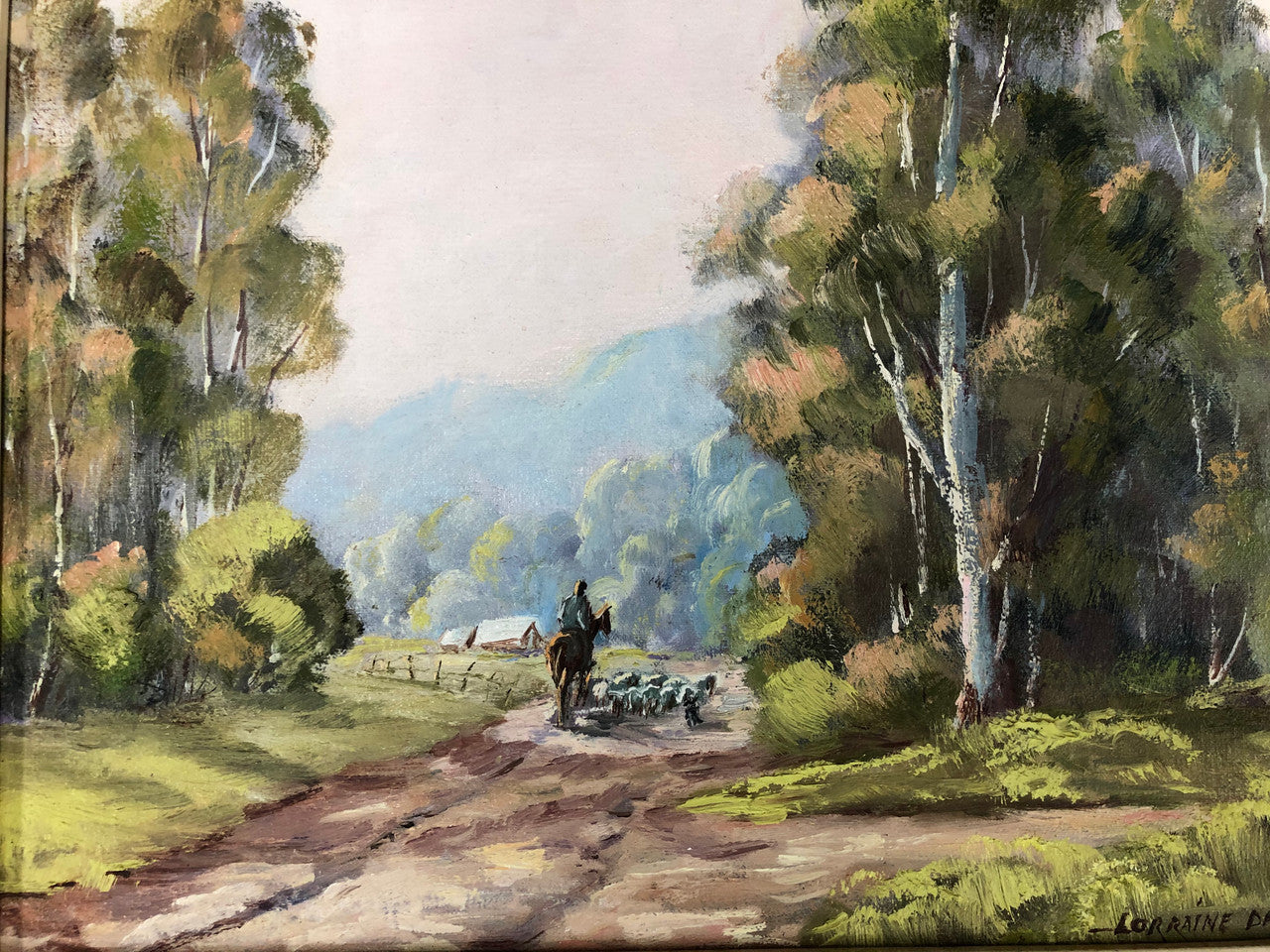 Lorraine Davies framed oil on board Australian farmhouse landscape. Written on the back is Don Valley Road, Launching Place Vic. In very good original condition.