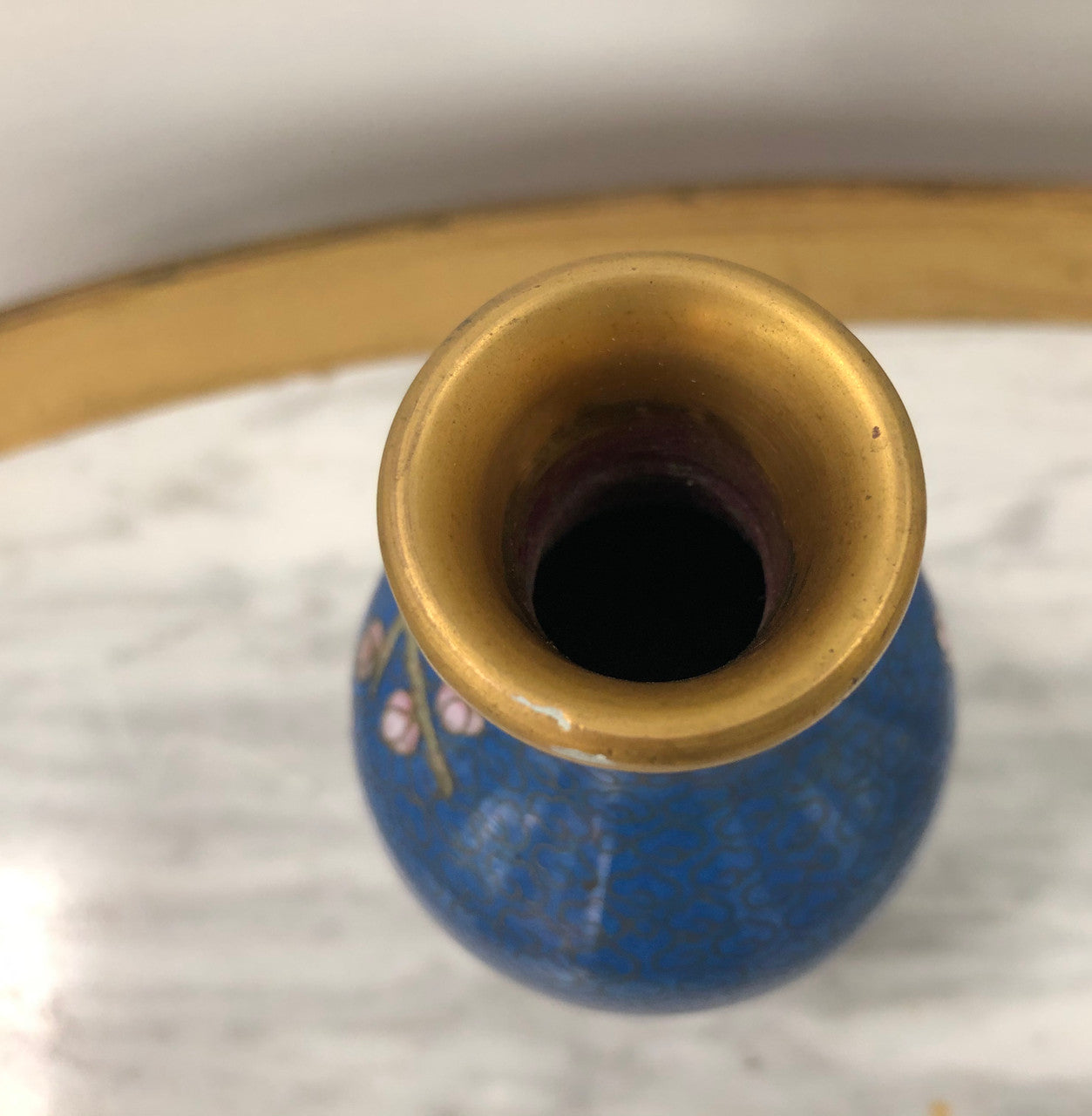 Small Blue Cloisonné Vase On Carved Stand